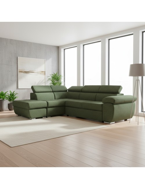 Divano Letto Angolare Fiona con Penisola Sinistra e Pouf Contenitore – Verde Oliva