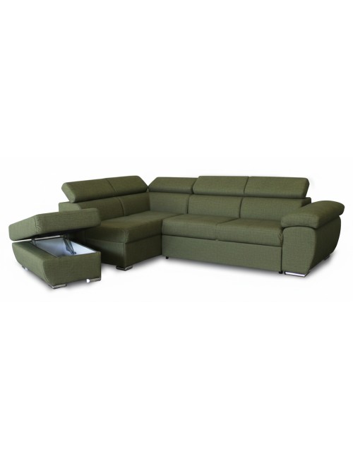 Divano Letto Angolare Fiona con Penisola Sinistra e Pouf Contenitore – Verde Oliva