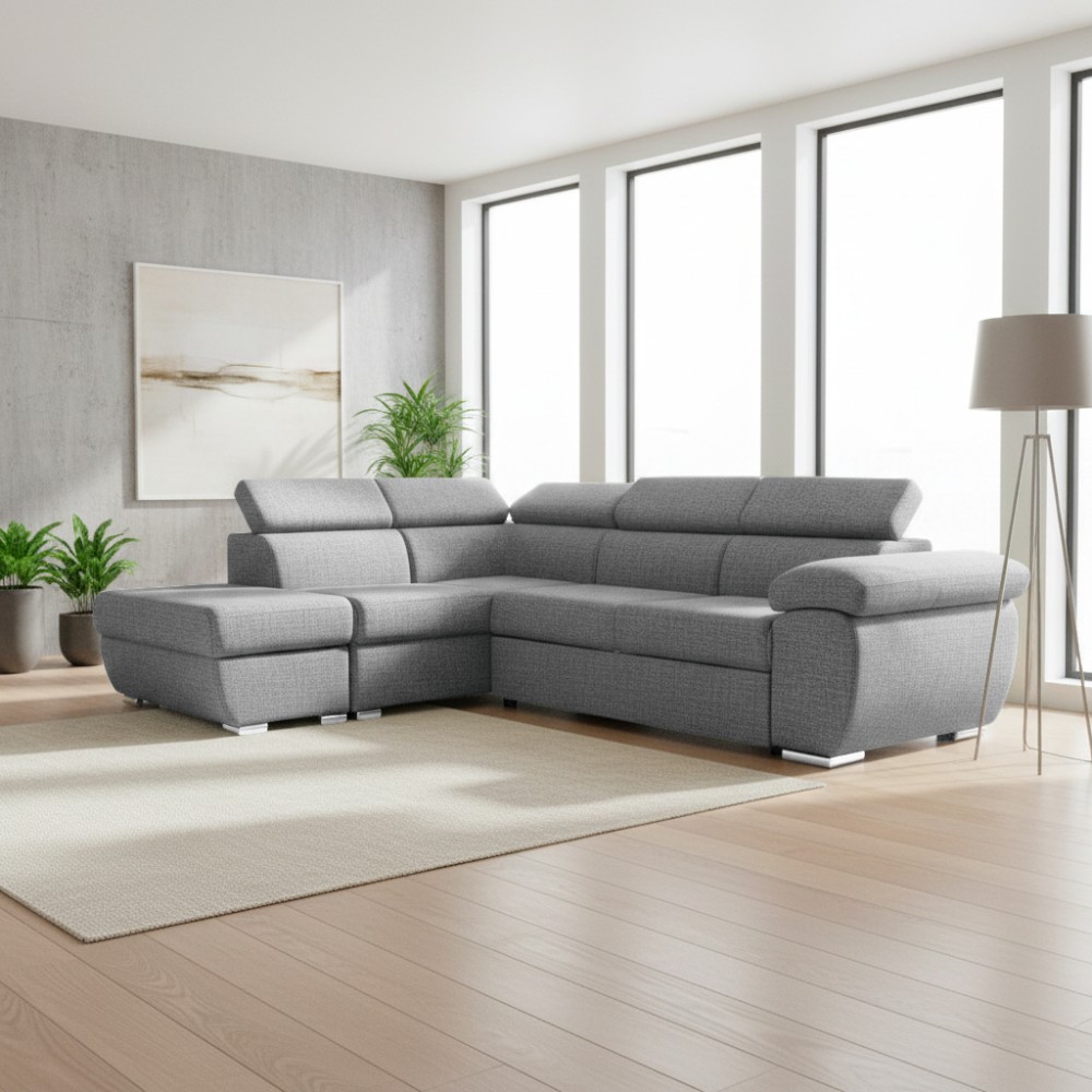 Divano Letto Angolare Fiona con Penisola Sinistra e Pouf Contenitore – Grigio