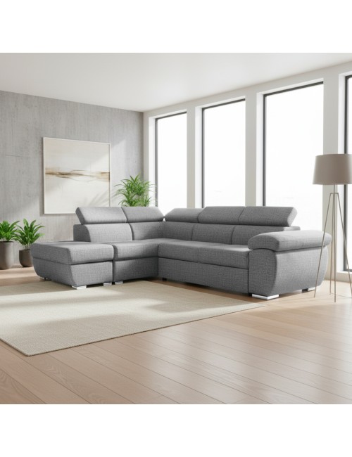 Divano Letto Angolare Fiona con Penisola Sinistra e Pouf Contenitore – Grigio