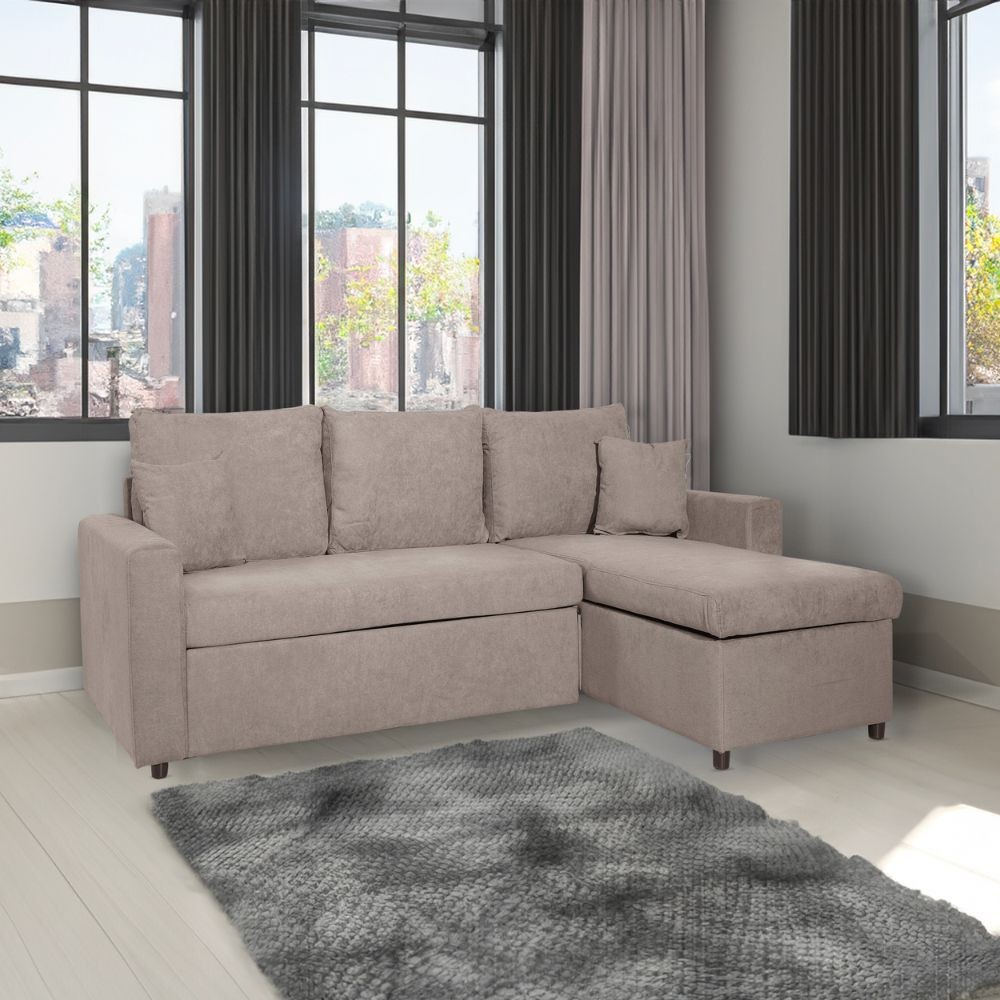 Divano con penisola reversibile funzione letto Golf tessuto tortora 225x148x91H