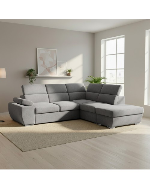 Divano Letto Angolare destro Arizona con pouf contenitore e poggiatesta regolabili colore grigio 264x224x78H