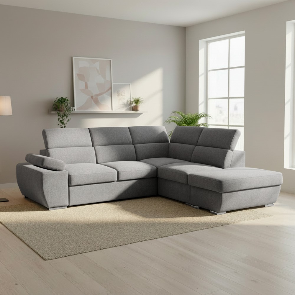 Divano Letto Angolare destro Arizona con pouf contenitore e poggiatesta regolabili colore grigio 264x224x78H