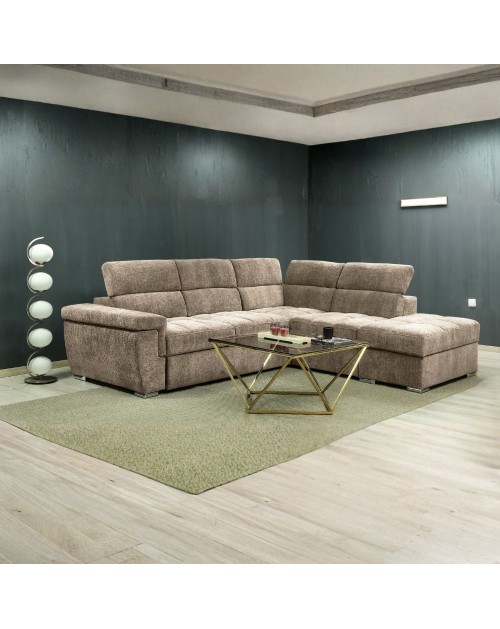 Divano letto angolare reversibile Amalfi con 5 poggiatesta regolabili e pouf in tessuto cappuccino