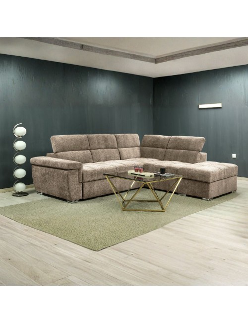 Divano letto angolare reversibile Amalfi con 5 poggiatesta regolabili e pouf in tessuto cappuccino