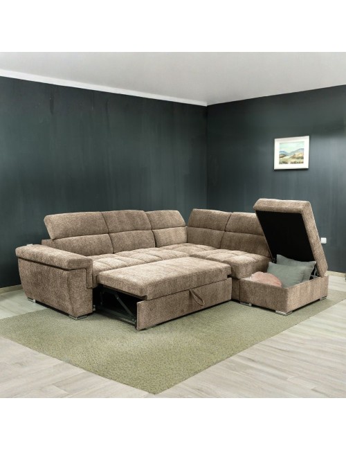 Divano letto angolare reversibile Amalfi con 5 poggiatesta regolabili e pouf in tessuto cappuccino