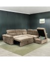 Divano letto angolare reversibile Amalfi con 5 poggiatesta regolabili e pouf in tessuto cappuccino