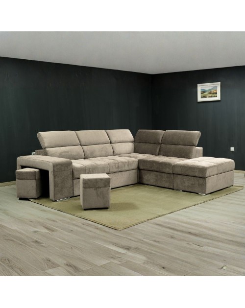 Divano angolare reversibile Positano cappuccino con poggiatesta regolabili, pouf e funzione letto