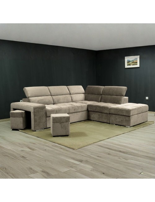Divano angolare reversibile Positano cappuccino con poggiatesta regolabili, pouf e funzione letto