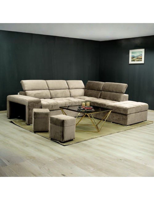 Divano angolare reversibile Positano cappuccino con poggiatesta regolabili, pouf e funzione letto