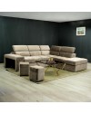 Divano angolare reversibile Positano cappuccino con poggiatesta regolabili, pouf e funzione letto