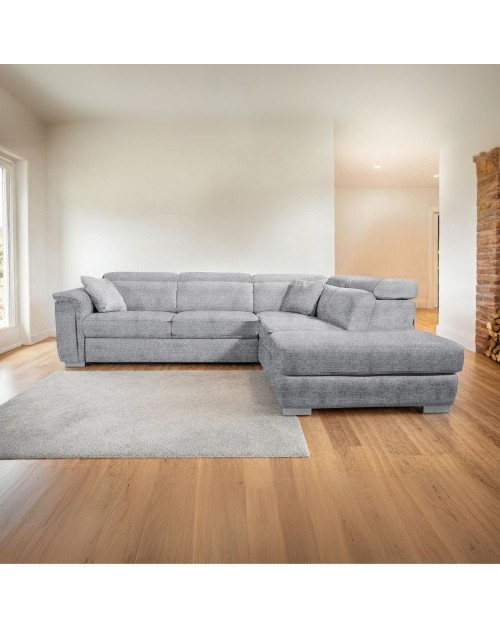 Divano Angolare Carovigno con Penisola destra e Pouff Contenitore 270x240x75H – Comfort e Design in Tessuto Teddy Grigio