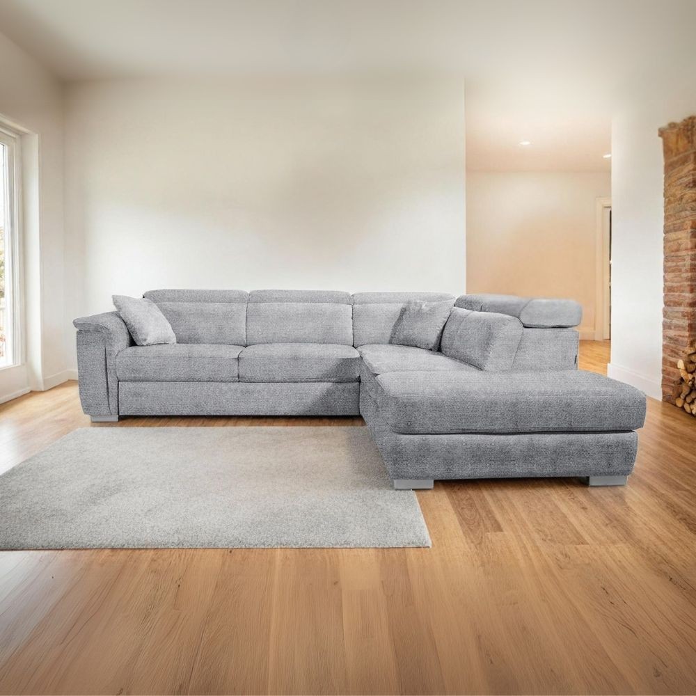 Divano Angolare Carovigno con Penisola destra e Pouff Contenitore 270x240x75H – Comfort e Design in Tessuto Teddy Grigio
