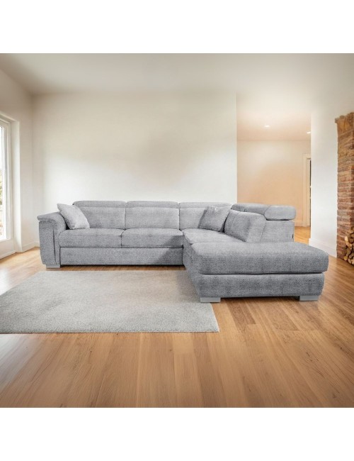Divano Angolare Carovigno con Penisola destra e Pouff Contenitore 270x240x75H – Comfort e Design in Tessuto Teddy Grigio