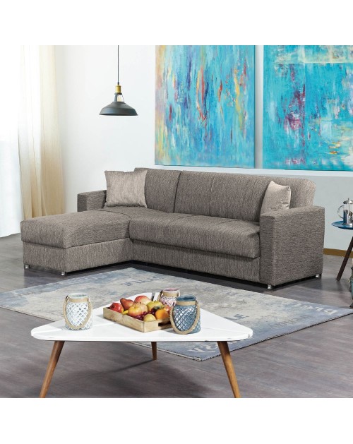 Divano letto Dugo con penisola contenitore reversibile in tessuto tortora 230x150x80H
