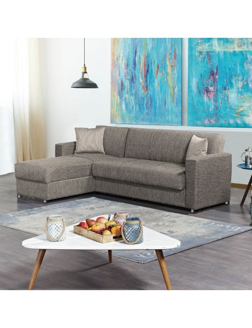 Divano letto Dugo con penisola contenitore reversibile in tessuto tortora 230x150x80H