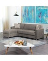 Divano letto Dugo con penisola contenitore reversibile in tessuto tortora 230x150x80H