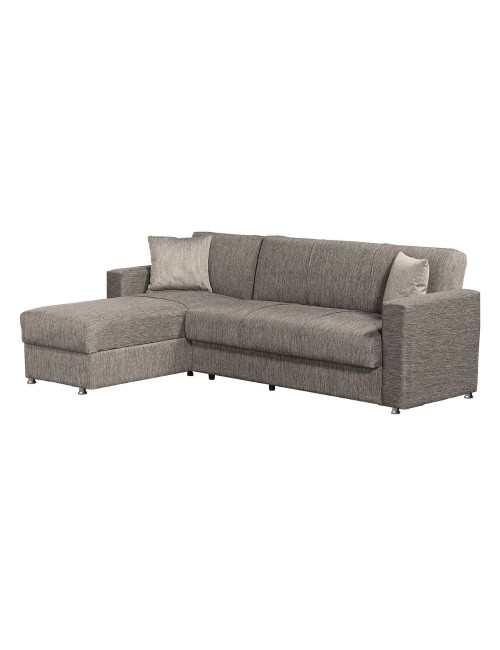 Divano letto Dugo con penisola contenitore reversibile in tessuto tortora 230x150x80H