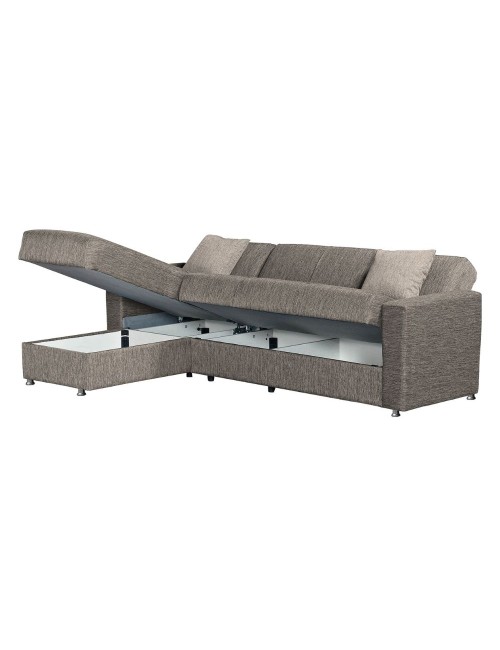 Divano letto Dugo con penisola contenitore reversibile in tessuto tortora 230x150x80H