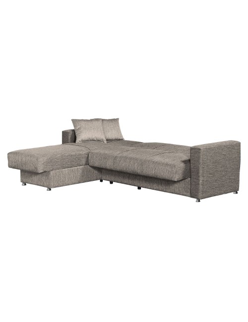 Divano letto Dugo con penisola contenitore reversibile in tessuto tortora 230x150x80H