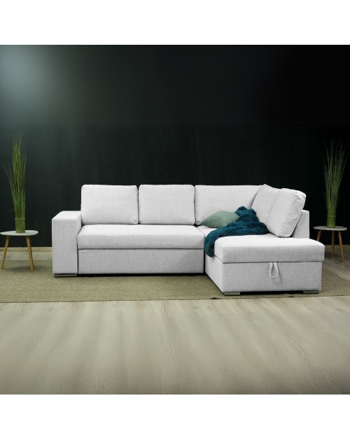 Divano letto angolare Bali con penisola contenitore in tessuto grigio chiaro 248x176x92H