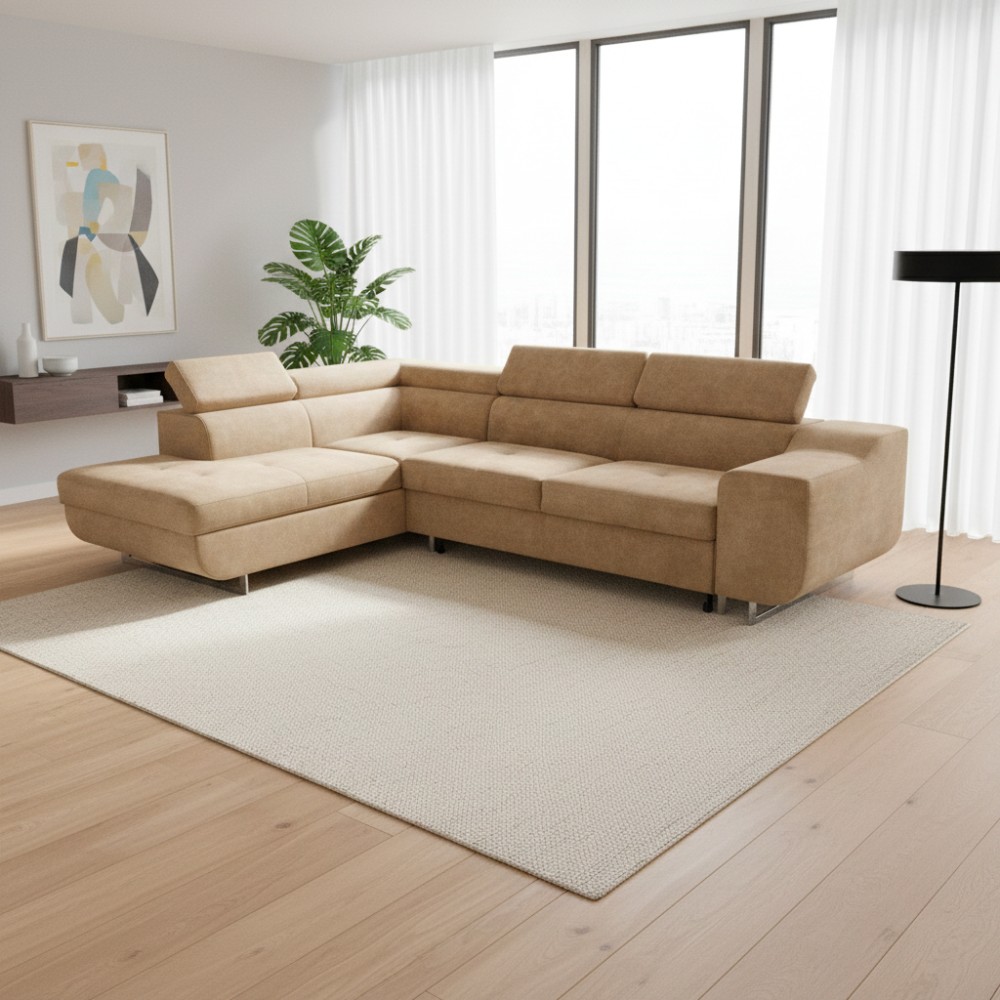 Divano Letto Angolare Casablanca con Penisola Contenitore Sinistra – Nocciola