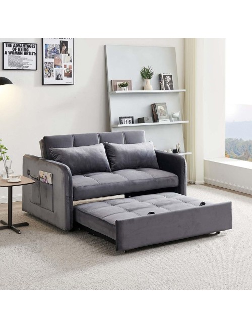 Divano letto Clorene in velluto grigio con porta USB e tasca laterale 140,5x94,5x82H