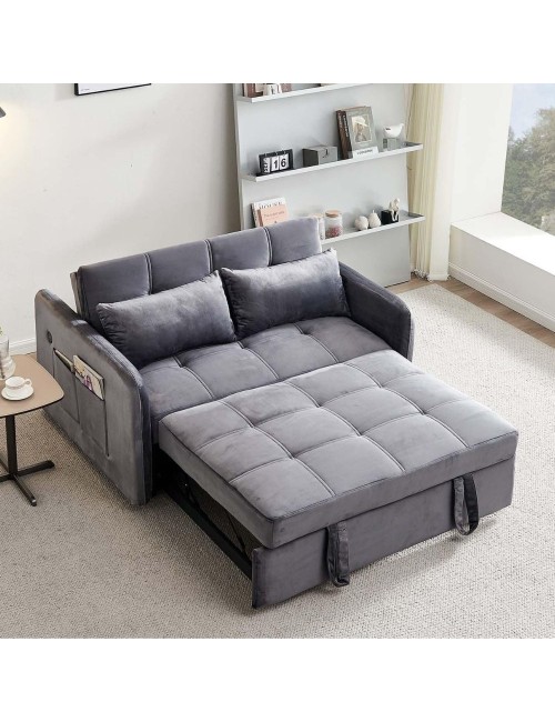 Divano letto Clorene in velluto grigio con porta USB e tasca laterale 140,5x94,5x82H