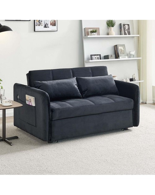 Divano letto Clorene in velluto nero con porta USB e tasca laterale 140,5x94,5x82H