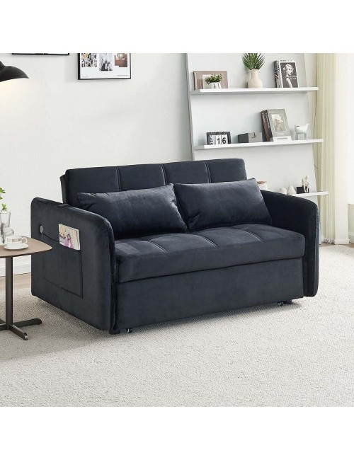 Divano letto Clorene in velluto nero con porta USB e tasca laterale 140,5x94,5x82H