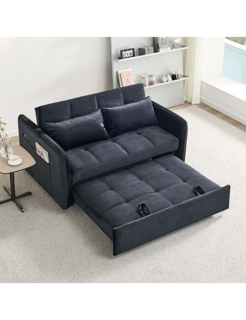 Divano letto Clorene in velluto nero con porta USB e tasca laterale 140,5x94,5x82H