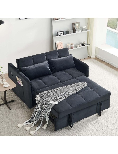 Divano letto Clorene in velluto nero con porta USB e tasca laterale 140,5x94,5x82H
