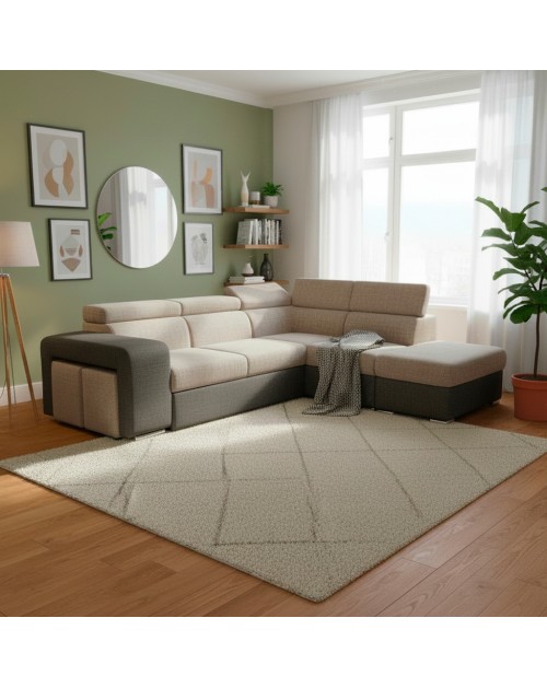 Divano Letto Angolare Sophie con Penisola Destra, 2 Pouf Estraibili e Pouf Contenitore – Tortora e Grigio Scuro