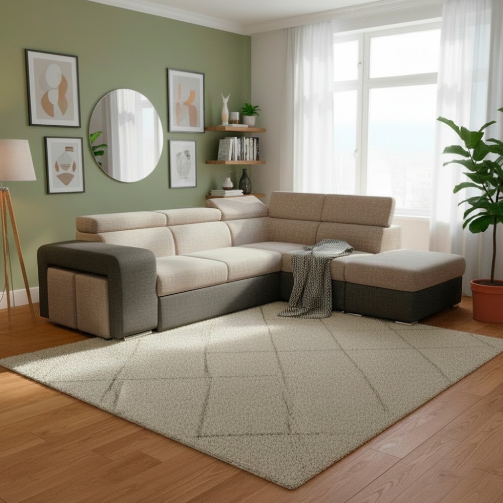 Divano Letto Angolare Sophie con Penisola Destra, 2 Pouf Estraibili e Pouf Contenitore – Tortora e Grigio Scuro