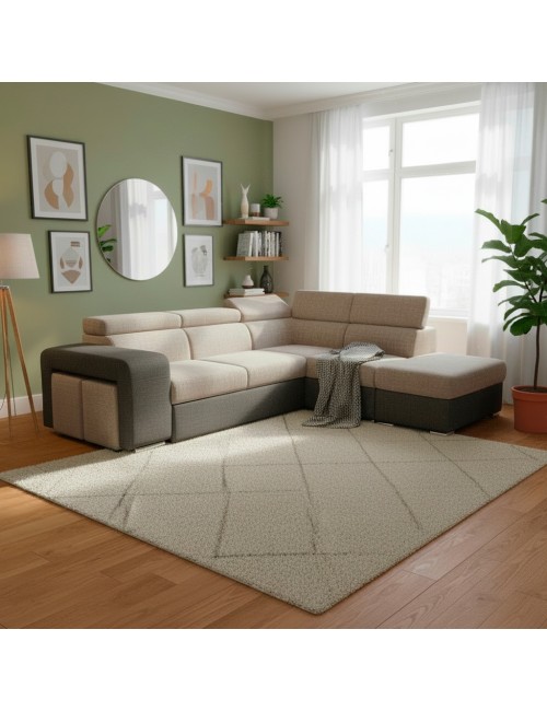 Divano Letto Angolare Sophie con Penisola Destra, 2 Pouf Estraibili e Pouf Contenitore – Tortora e Grigio Scuro