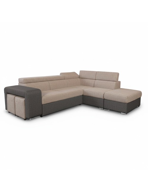 Divano Letto Angolare Sophie con Penisola Destra, 2 Pouf Estraibili e Pouf Contenitore – Tortora e Grigio Scuro