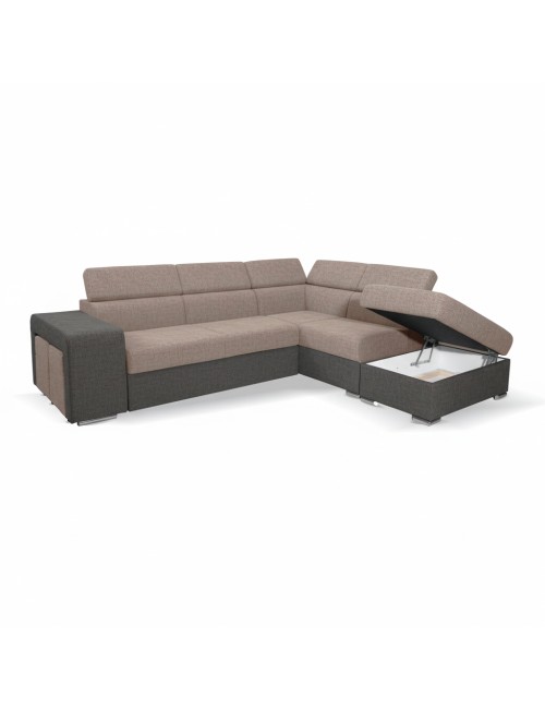 Divano Letto Angolare Sophie con Penisola Destra, 2 Pouf Estraibili e Pouf Contenitore – Tortora e Grigio Scuro
