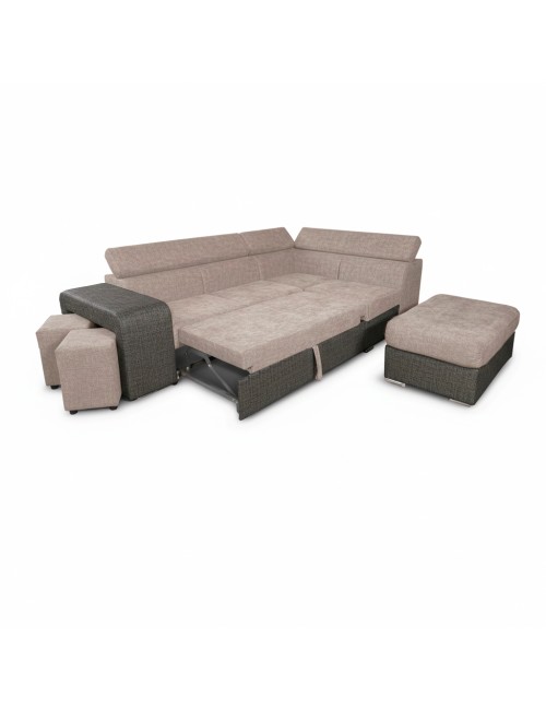 Divano Letto Angolare Sophie con Penisola Destra, 2 Pouf Estraibili e Pouf Contenitore – Tortora e Grigio Scuro