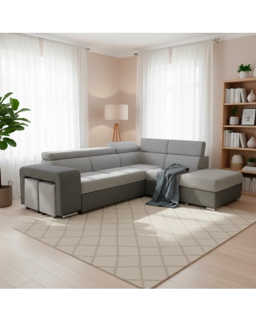 Divano Letto Angolare Sophie con Penisola Destra, 2 Pouf Estraibili e Pouf Contenitore – grigio e Grigio Chiaro