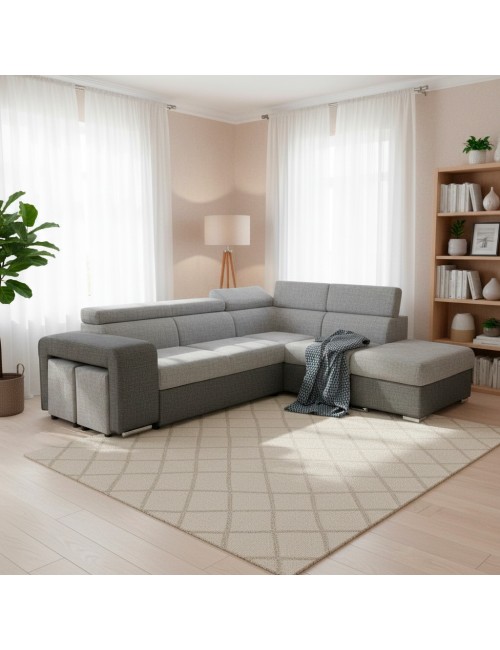 Divano Letto Angolare Sophie con Penisola Destra, 2 Pouf Estraibili e Pouf Contenitore – grigio e Grigio Chiaro