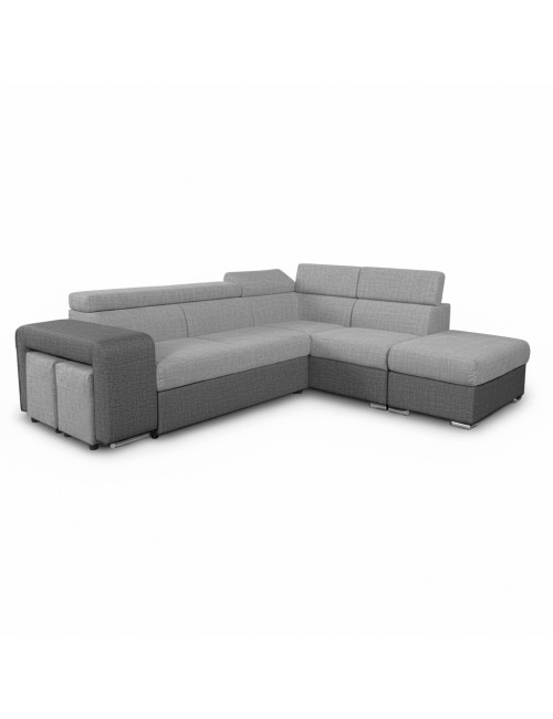 Divano Letto Angolare Sophie con Penisola Destra, 2 Pouf Estraibili e Pouf Contenitore – grigio e Grigio Chiaro