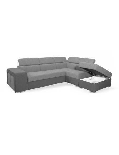 Divano Letto Angolare Sophie con Penisola Destra, 2 Pouf Estraibili e Pouf Contenitore – grigio e Grigio Chiaro