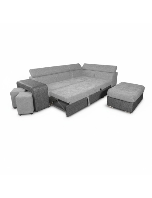 Divano Letto Angolare Sophie con Penisola Destra, 2 Pouf Estraibili e Pouf Contenitore – grigio e Grigio Chiaro