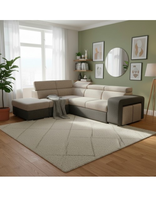 Divano Letto Angolare Sophie con Penisola Sinistra, 2 Pouf Estraibili e Pouf Contenitore – Tortora e Grigio Scuro