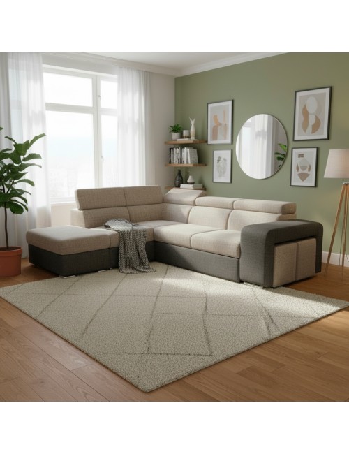 Divano Letto Angolare Sophie con Penisola Sinistra, 2 Pouf Estraibili e Pouf Contenitore – Tortora e Grigio Scuro