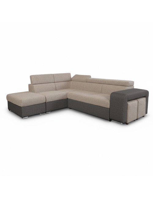 Divano Letto Angolare Sophie con Penisola Sinistra, 2 Pouf Estraibili e Pouf Contenitore – Tortora e Grigio Scuro