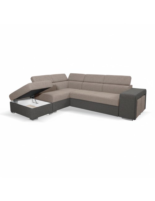 Divano Letto Angolare Sophie con Penisola Sinistra, 2 Pouf Estraibili e Pouf Contenitore – Tortora e Grigio Scuro