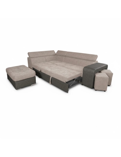 Divano Letto Angolare Sophie con Penisola Sinistra, 2 Pouf Estraibili e Pouf Contenitore – Tortora e Grigio Scuro