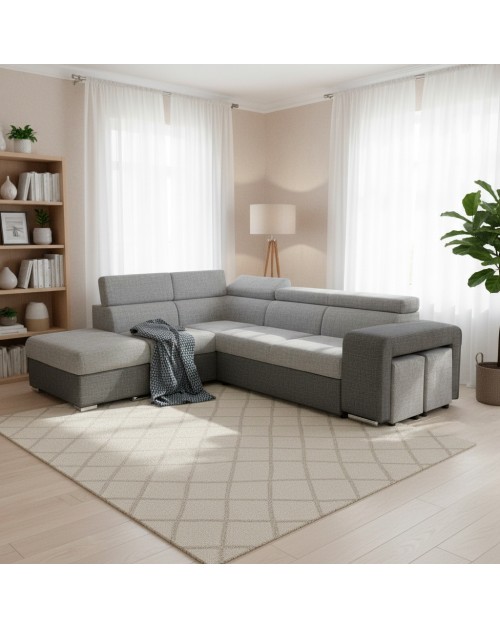 Divano Letto Angolare Sophie con Penisola Sinistra, 2 Pouf Estraibili e Pouf Contenitore – grigio e Grigio Chiaro