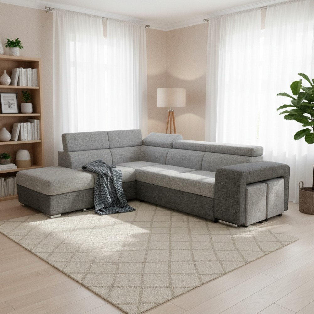 Divano Letto Angolare Sophie con Penisola Sinistra, 2 Pouf Estraibili e Pouf Contenitore – grigio e Grigio Chiaro